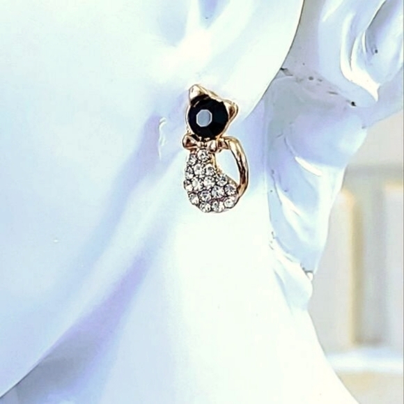 ONYX AND CZ GOLDTONE CAT EARRINGS - Picture 2 of 6